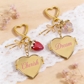 Custom Photo Keychains, Personalized Golden Mirror & Strawberry Charms Keyring