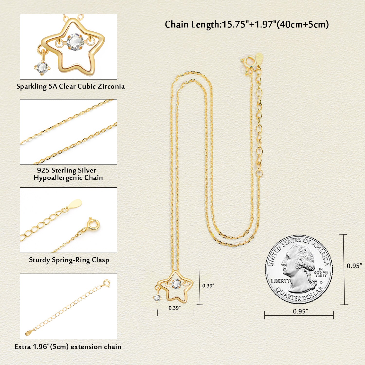 925 Sterling Silver Dainty Lucky Star Pendant & Shine Cubic Zirconia Gold Plated Necklaces