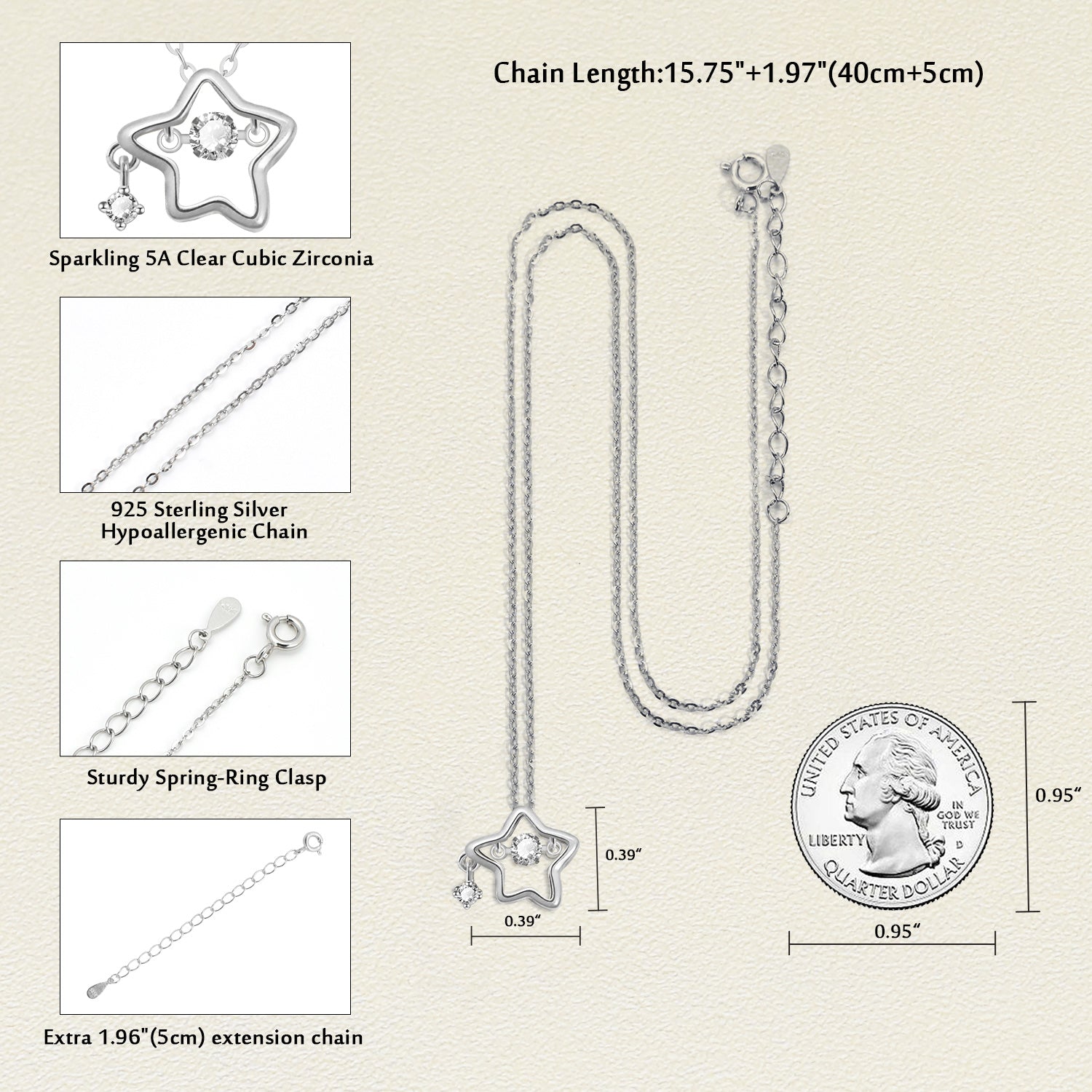 925 Sterling Silver Dainty Lucky Star Pendant & Shine Cubic Zirconia Necklaces
