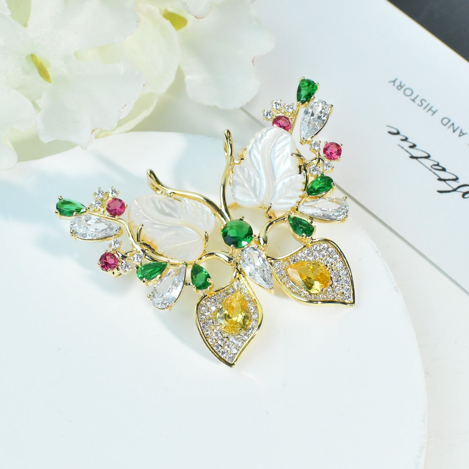 Gold Plated Multicolor Crystal CZ Shell Dainty Brooch