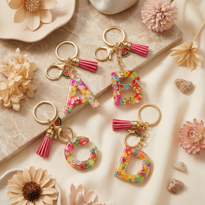 Pink Fruit Initial Letter Resin Keychains, Watermelon Charms Tassel Keyring