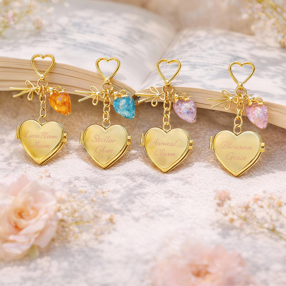 Custom Photo Keychains, Personalized Golden Mirror & Strawberry Charms Keyring