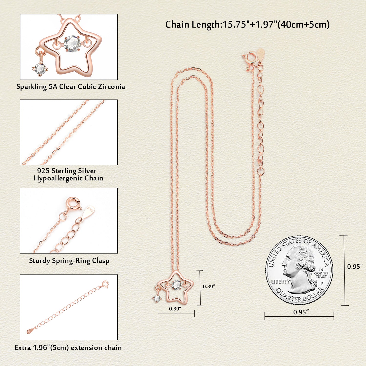 925 Sterling Silver Dainty Lucky Star Pendant & Shine Cubic Zirconia Rose Gold Necklaces