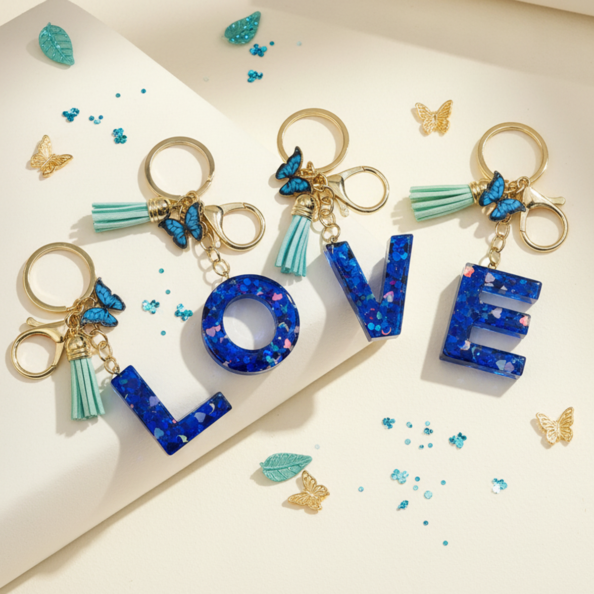 Blue Speckle Initial Letter Resin Keychains, Butterfly Finish Tassel Keyring