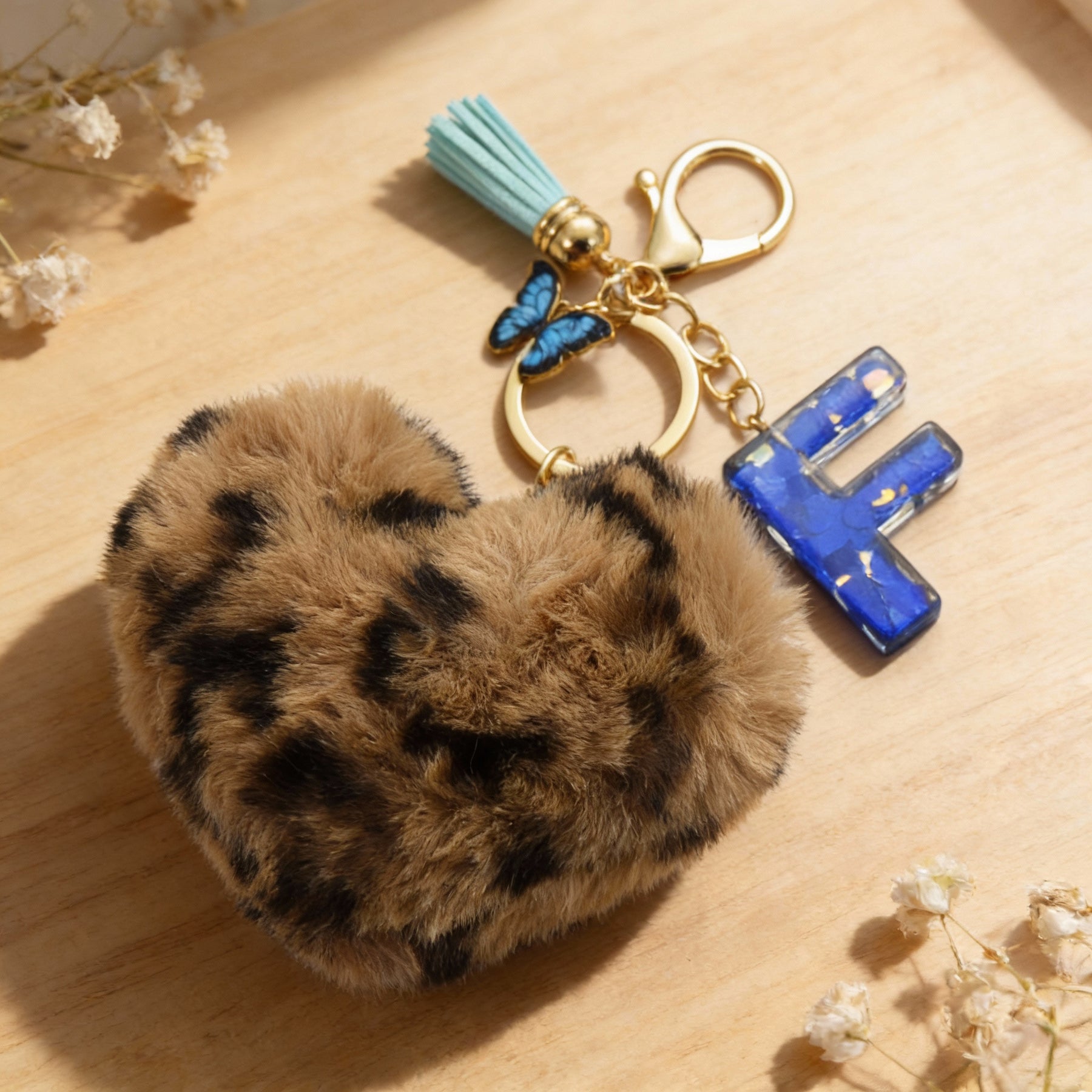 Customizable Initial Blue Resin Letter Fluffy Leopard-Print Heart Bag Charms Keychains