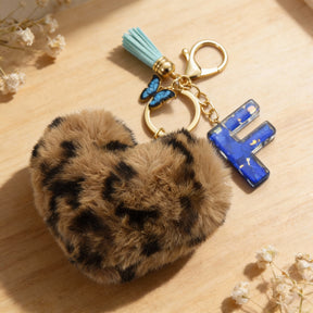 Customizable Initial Blue Resin Letter Fluffy Leopard-Print Heart Bag Charms Keychains