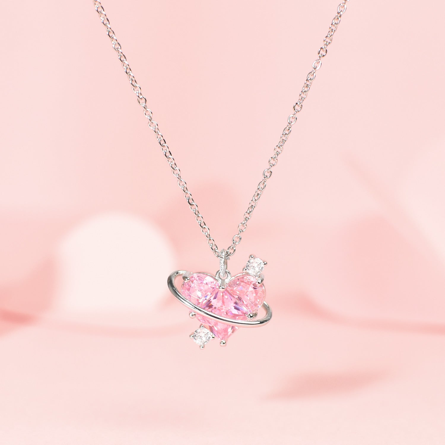 Sterling Silver Pink CZ Diamond Pendant Dazzling Love Heart Necklaces