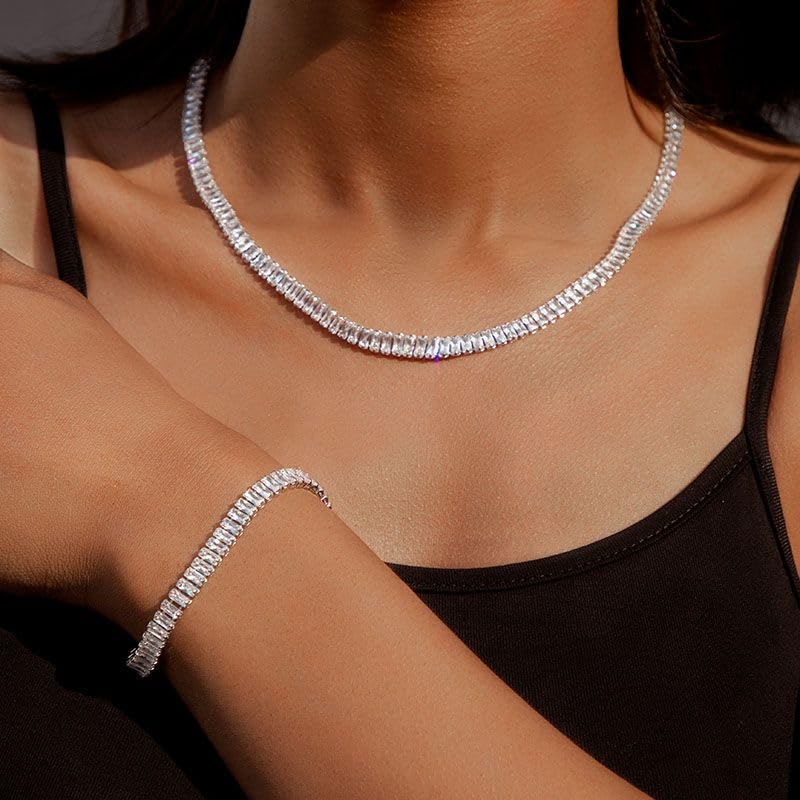 Tennis Necklace Bracelet Earrings Silver / 14K Gold Plated Sparkling Choker Necklaces Dainty Cubic Zirconia Bridal Wedding Jewelry for Women