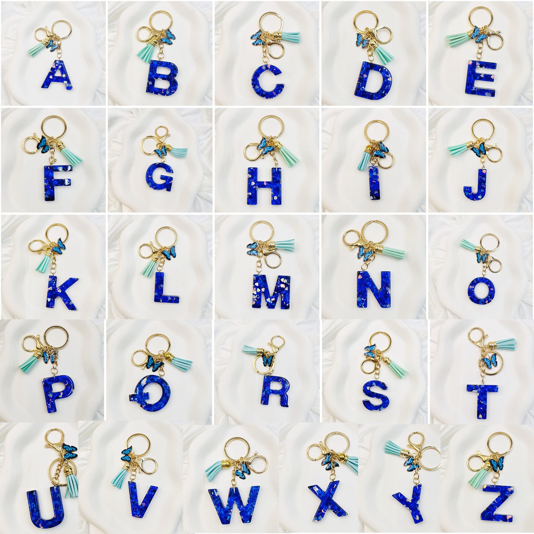 Customizable Initial Blue Resin Letter Fluffy Leopard-Print Heart Bag Charms Keychains