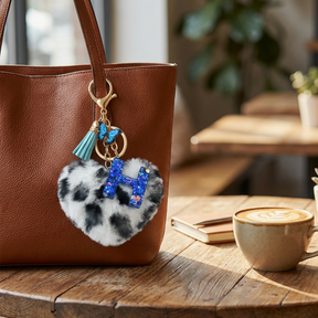 Customizable Initial Blue Resin Letter Fluffy Leopard-Print Heart Bag Charms Keychains