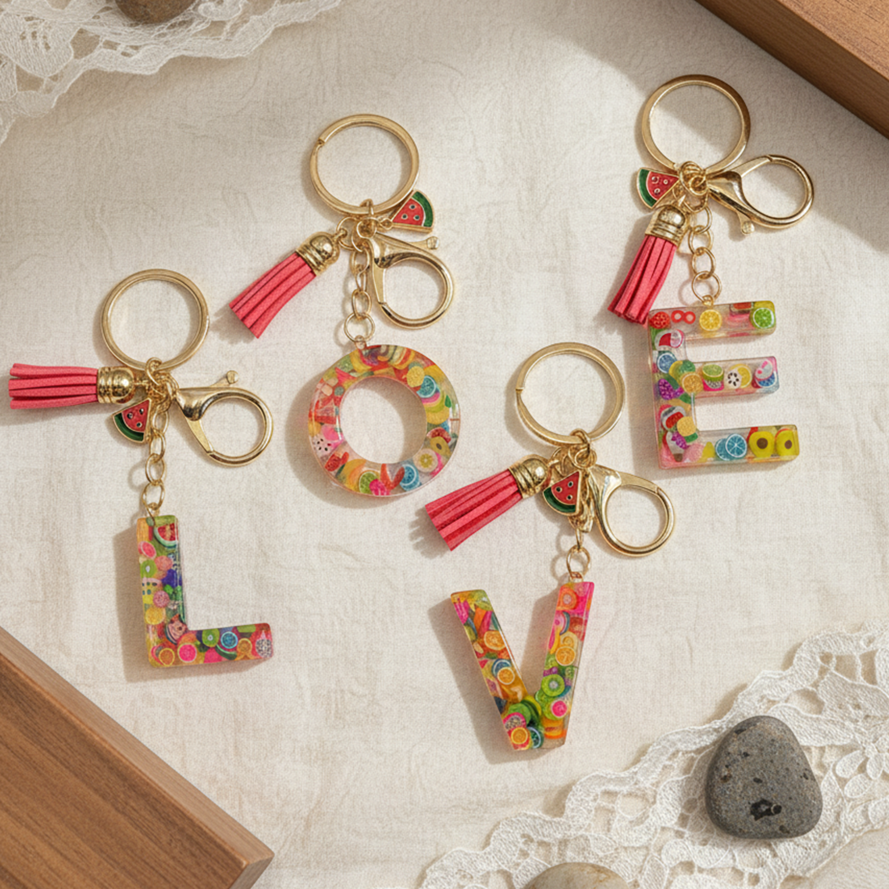 Pink Fruit Initial Letter Resin Keychains, Watermelon Charms Tassel Keyring