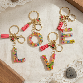 Pink Fruit Initial Letter Resin Keychains, Watermelon Charms Tassel Keyring
