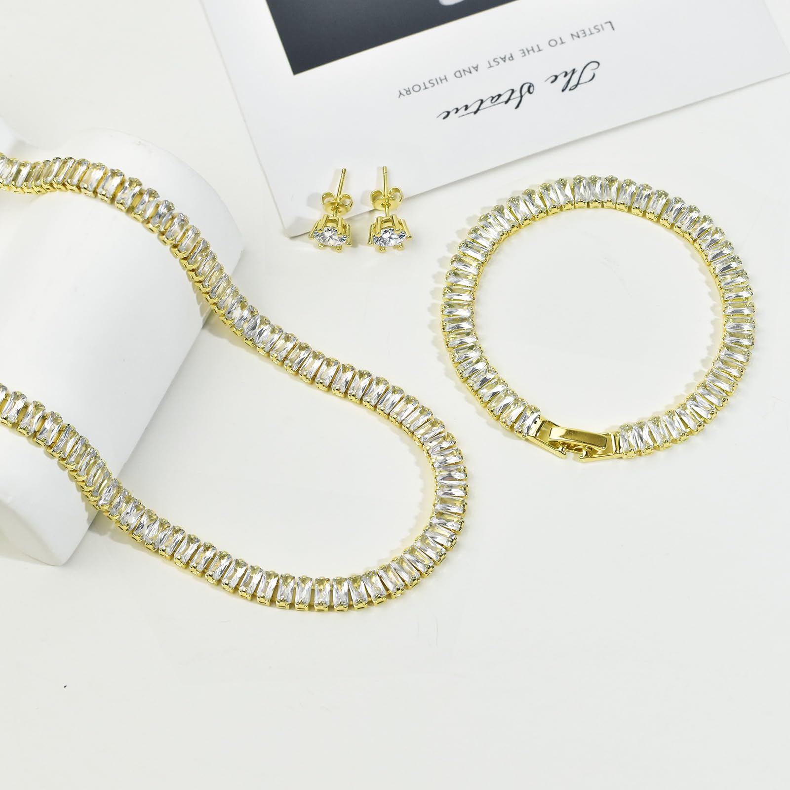Collier de tennis, bracelet, boucles d'oreilles en argent/plaqué or 14 carats, colliers ras du cou étincelants, zircone cubique, bijoux de mariage pour femme