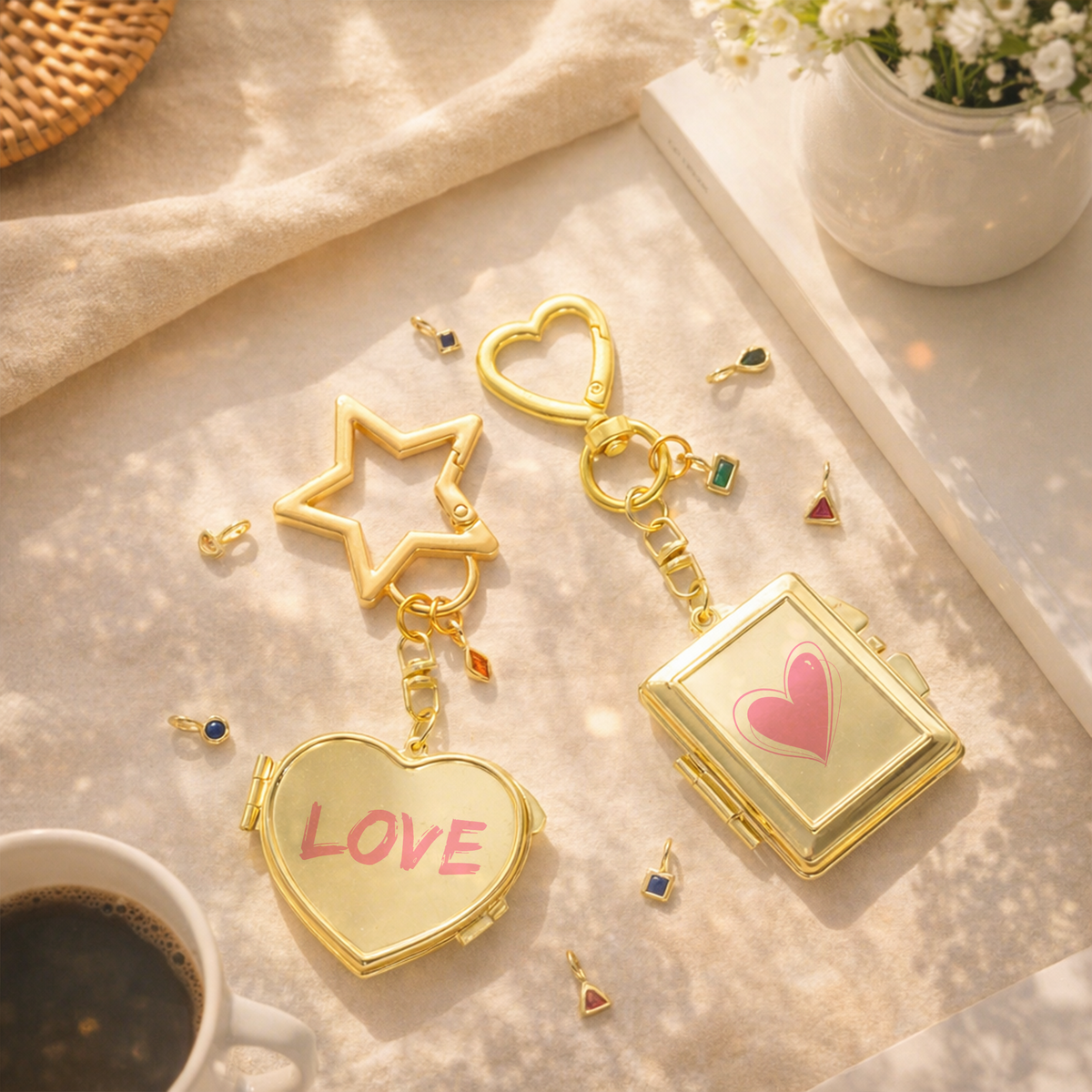 Gold Plated Photo Mirror Keychain, Personalized Birthstone Keepsake Gifts