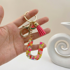Pink Fruit Initial Letter Resin Keychains, Watermelon Charms Tassel Keyring