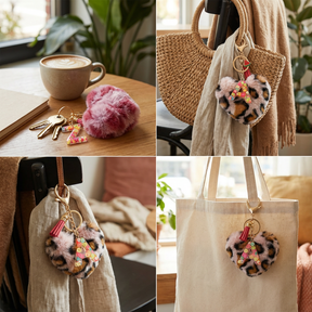 Customizable Initial Pink Resin Letter Fluffy Leopard-Print Heart Bag Charms Keychains