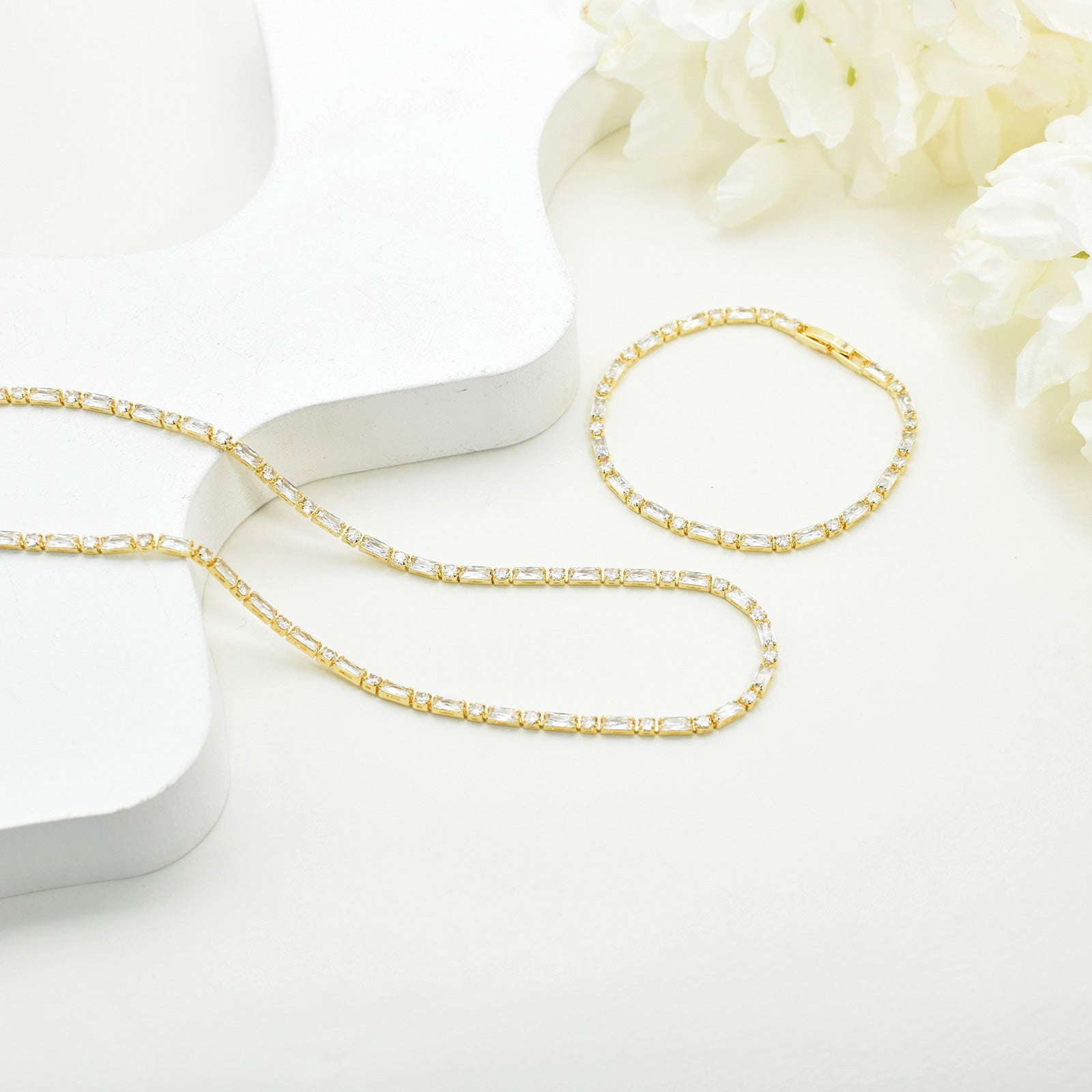 Tennis Necklace Bracelet for Women Choker Necklaces Set Gold Plated Tennis Bracelet for Girls Cubic Zirconia Bridal Wedding Jewelry Set