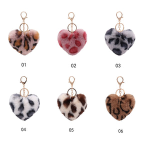 Customizable Initial Letter Fluffy Leopard-Print Heart Bag Charms Keychains