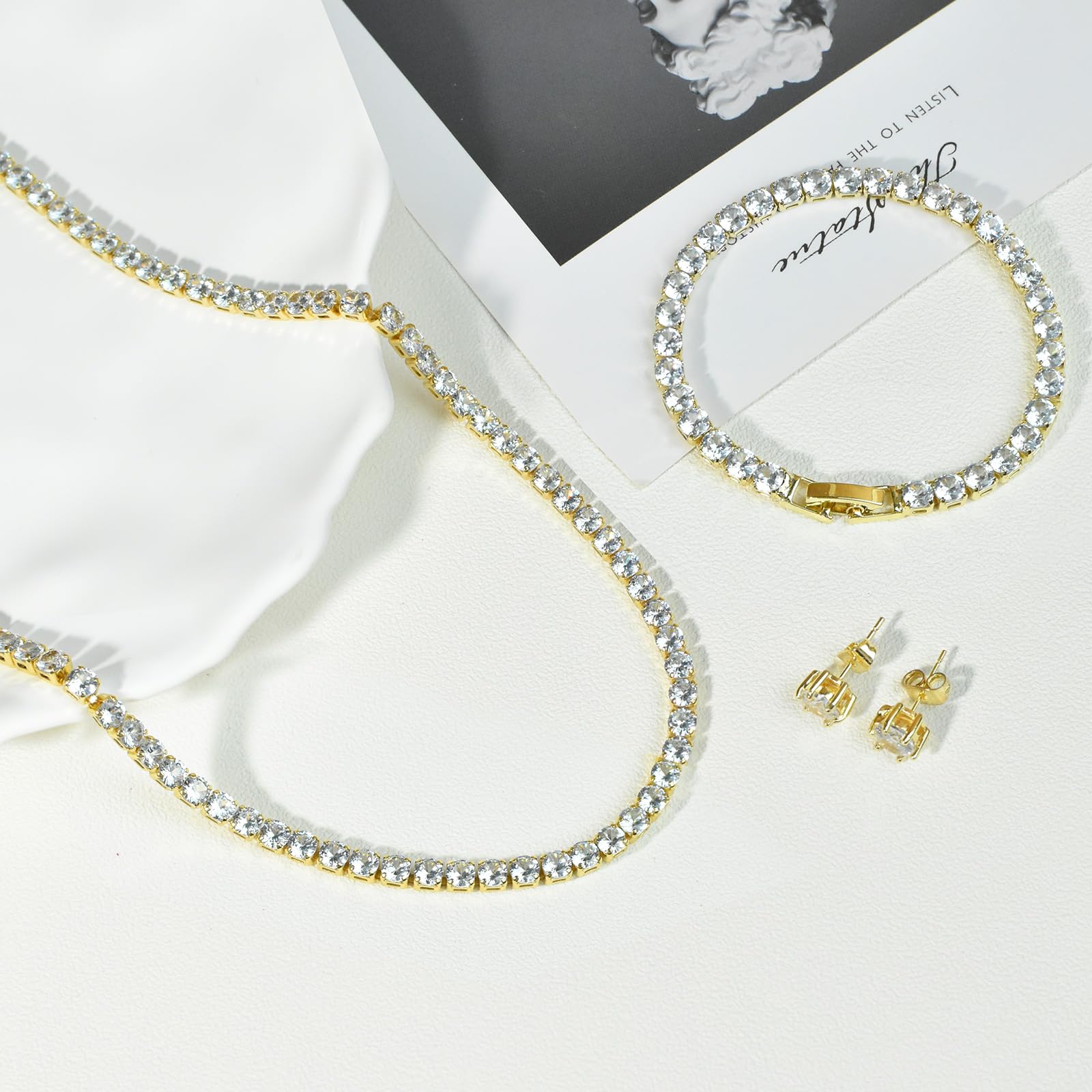 Tennis Necklace Bracelet Earrings Silver / 14K Gold Plated Choker Necklaces Cubic Zirconia Bridal Wedding Jewelry for Women