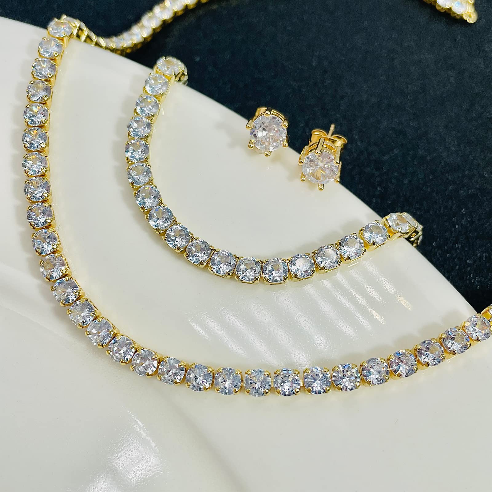 Tennis Necklace Bracelet Earrings Jewelry Sets for Women Teen Girls Silver/Gold Plated Cubic Zirconia Necklace Set Fashion Jewelry Pack of 3