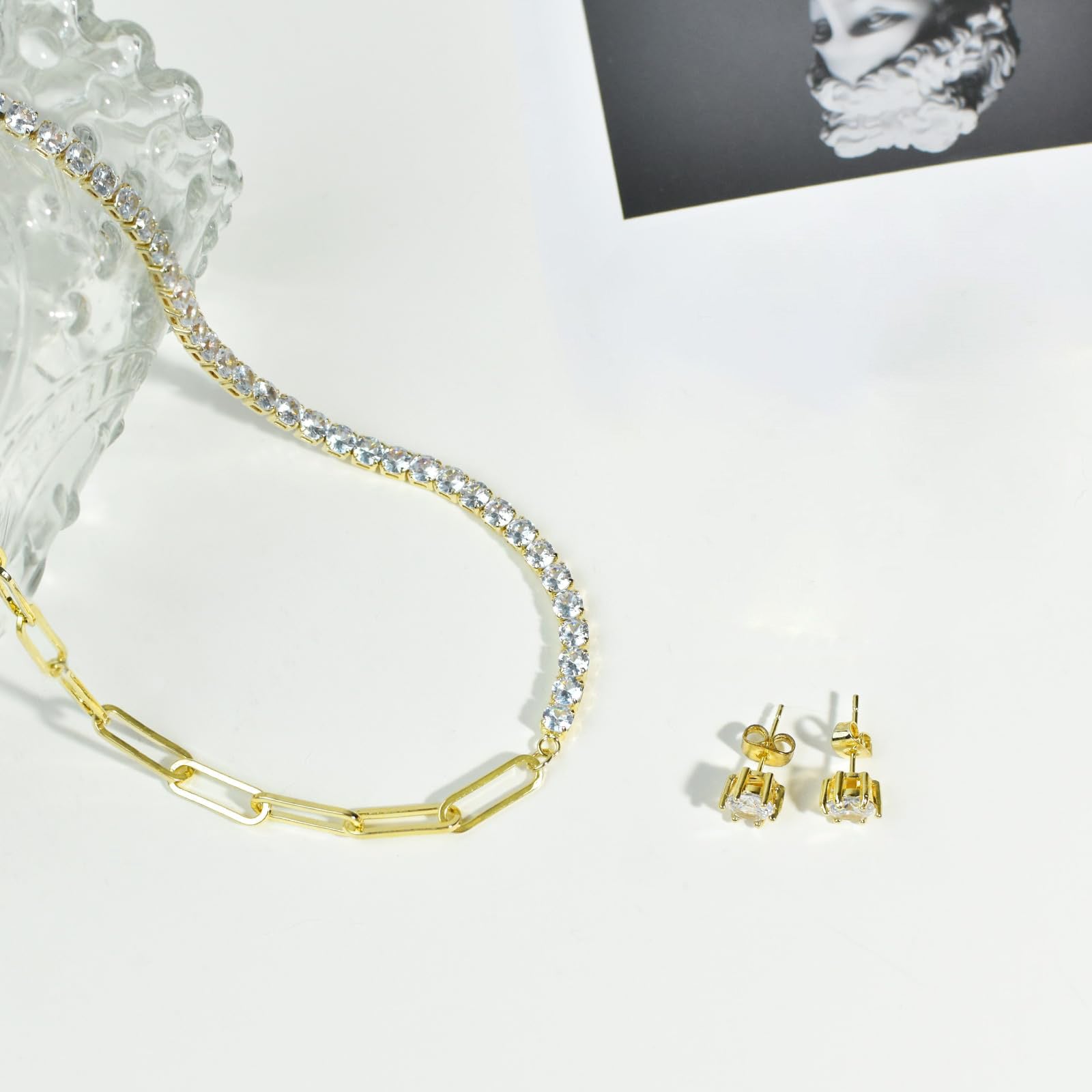 Asymmetrical CZ Choker Chain Necklace Stud Earrings Dainty Jewelry Set for Women