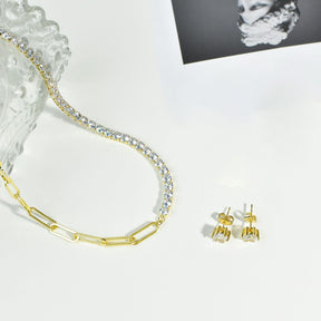 Asymmetrical CZ Choker Chain Necklace Stud Earrings Dainty Jewelry Set for Women