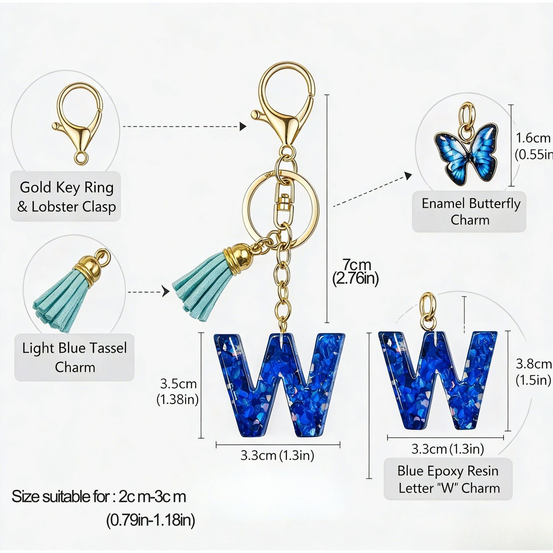 Blue Speckle Initial Letter Resin Keychains, Butterfly Finish Tassel Keyring