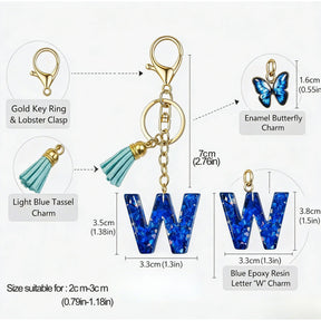 Blue Speckle Initial Letter Resin Keychains, Butterfly Finish Tassel Keyring