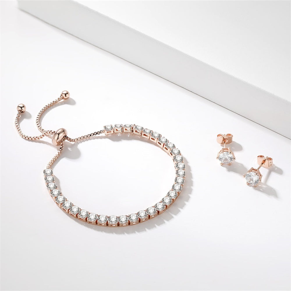 Rose Gold Zircon Crystal Tennis Chain Bracelet Earrings Jewelry Set 2 Pieces