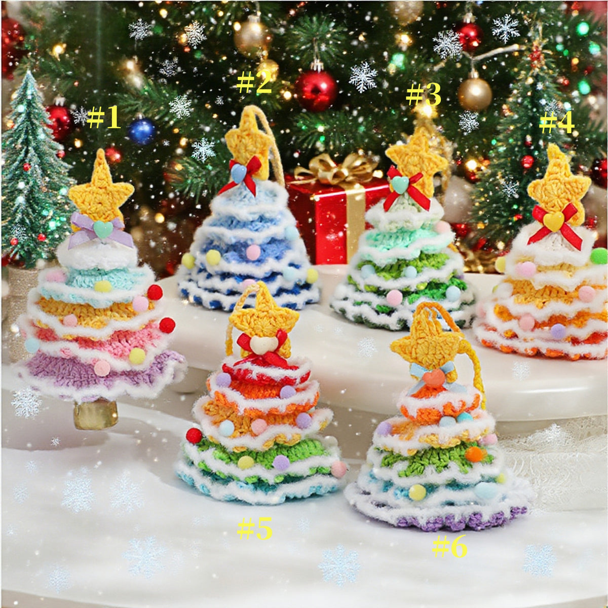 Handcrafted Colorful Crochet Snow Christmas Tree Ornaments,Set of 6 Festive Wish Trees for Joy & Health,Lucky Purse Charms