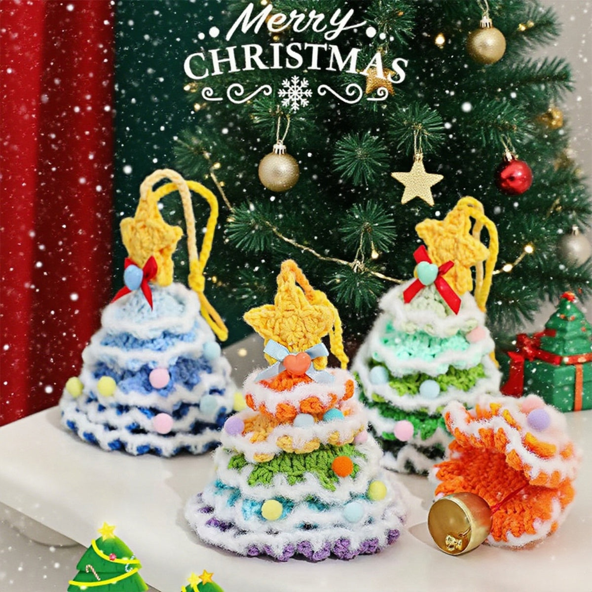 Handcrafted Colorful Crochet Snow Christmas Tree Ornaments,Set of 6 Festive Wish Trees for Joy & Health,Lucky Purse Charms