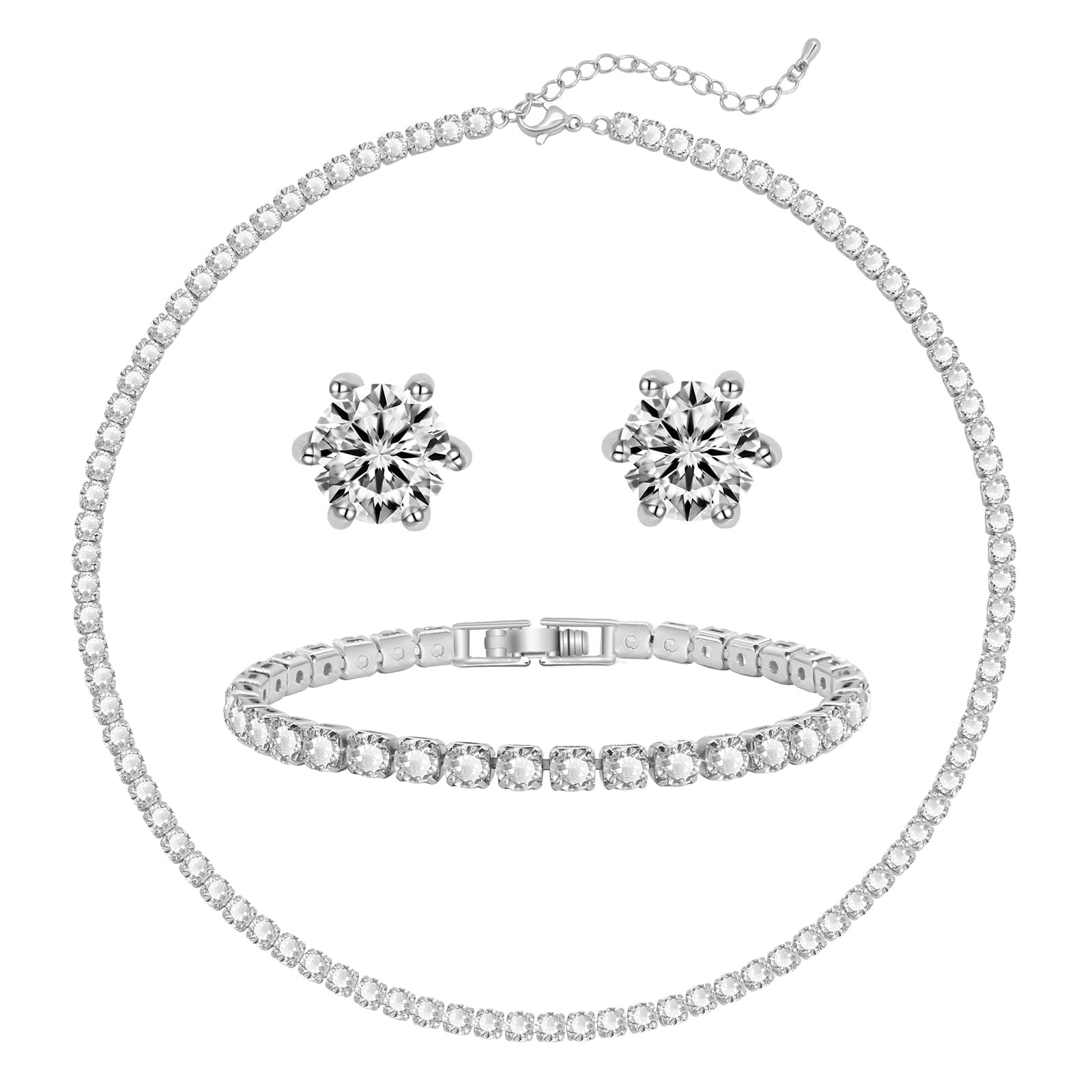 Tennis Necklace Bracelet Earrings Silver / 14K Gold Plated Choker Necklaces Cubic Zirconia Bridal Wedding Jewelry for Women