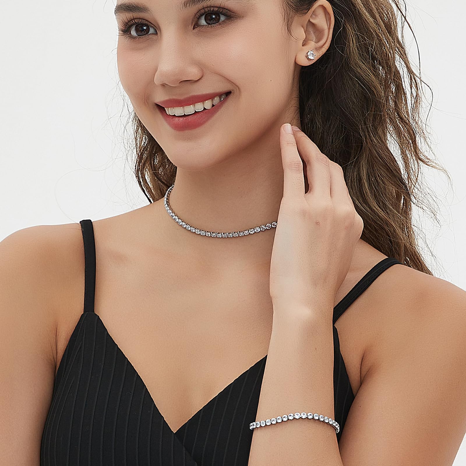 Tennis Necklace Bracelet Earrings Silver / 14K Gold Plated Choker Necklaces Cubic Zirconia Bridal Wedding Jewelry for Women