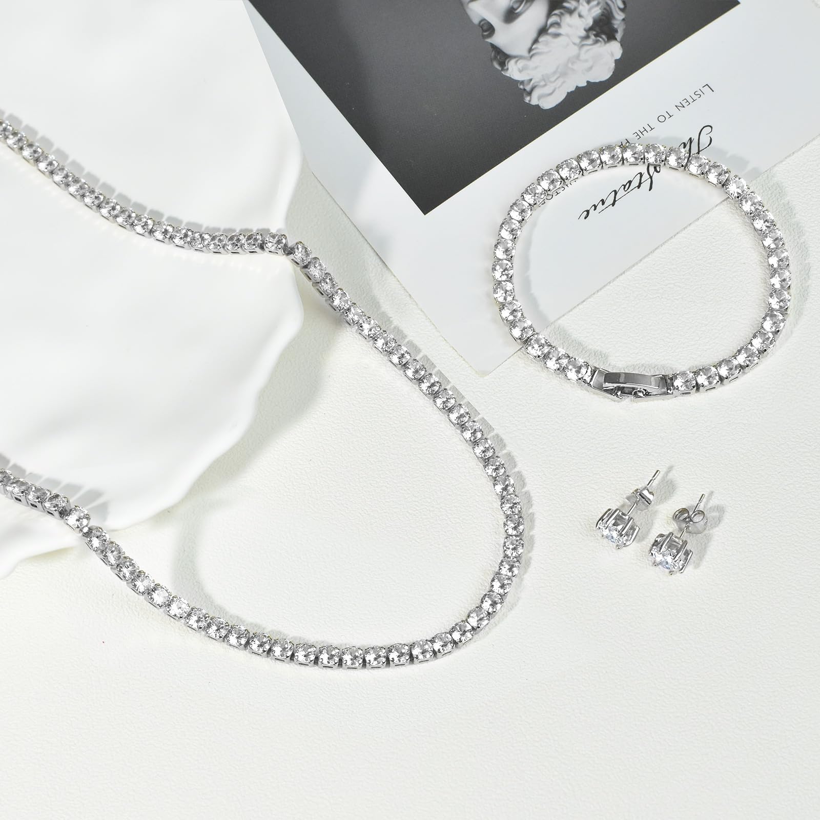 Tennis Necklace Bracelet Earrings Silver / 14K Gold Plated Choker Necklaces Cubic Zirconia Bridal Wedding Jewelry for Women