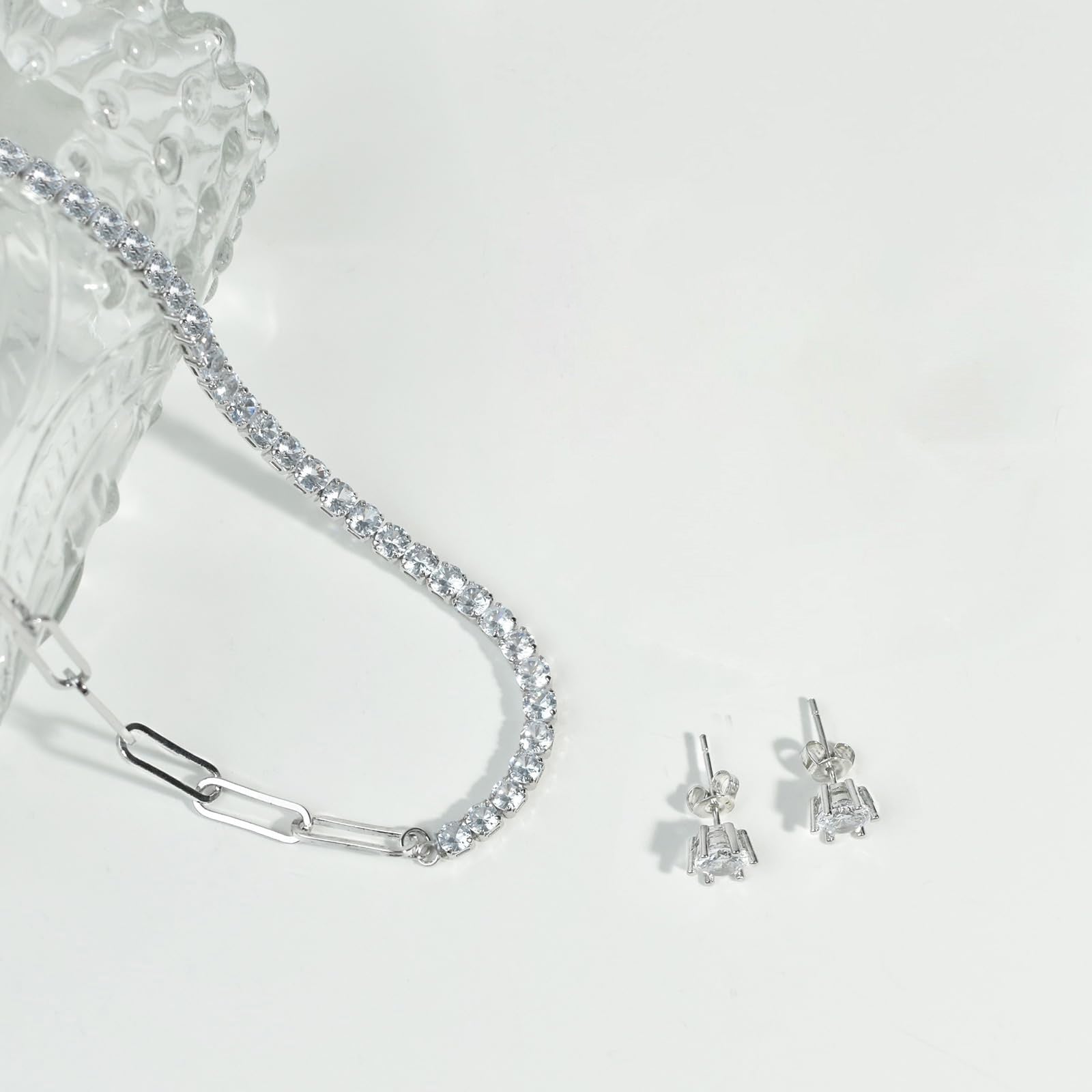 Asymmetrical CZ Choker Chain Necklace Stud Earrings Dainty Jewelry Set for Women