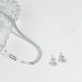 Asymmetrical CZ Choker Chain Necklace Stud Earrings Dainty Jewelry Set for Women