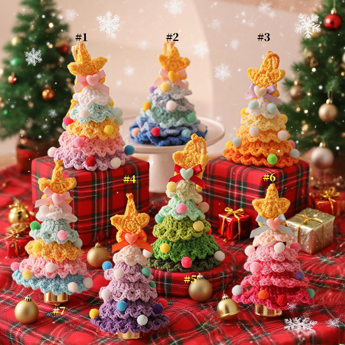Personalized gift Handcrafted Colorful Crochet Christmas Tree Ornaments,Set of 7 Festive Wish Trees for Joy & Health, Lucky Purse Charms