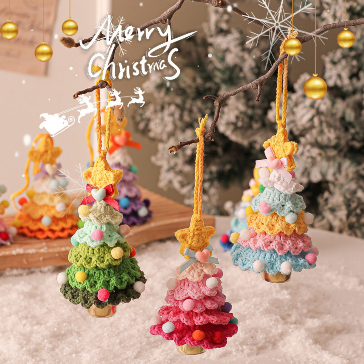 Personalized gift Handcrafted Colorful Crochet Christmas Tree Ornaments,Set of 7 Festive Wish Trees for Joy & Health, Lucky Purse Charms