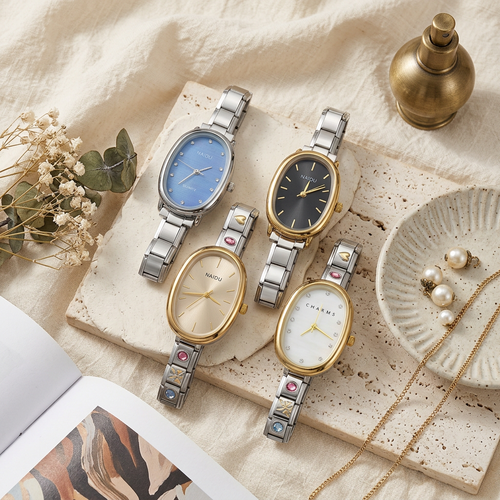 Dainty Oval Watch Vintage Inspired Dial, Two-Tone Tones Italian Charms Bracelet