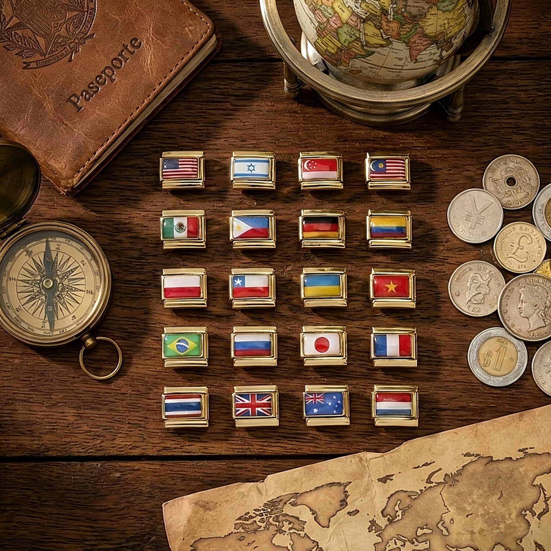 World Flags Gold Italian Charms for Bracelet