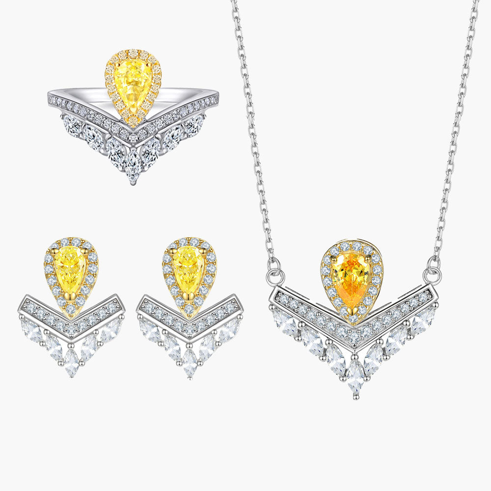 S925 Sterling Silver Topaz Necklace Light Luxury Diamond Ring V-Shaped Earrings Jewelry Set 3-Piece Set