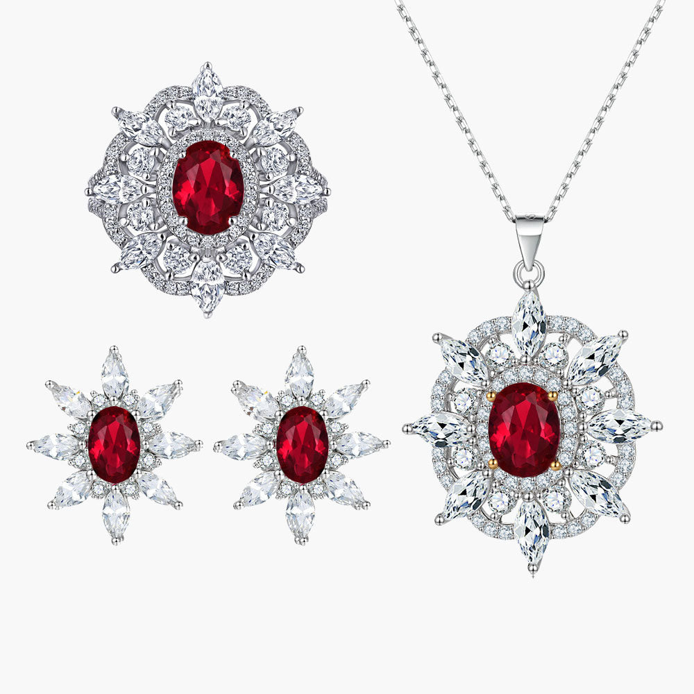 S925 Sterling Silver Ruby Sunflower Flower Necklace Ring Earrings Jewelry Set Three-Piece Set