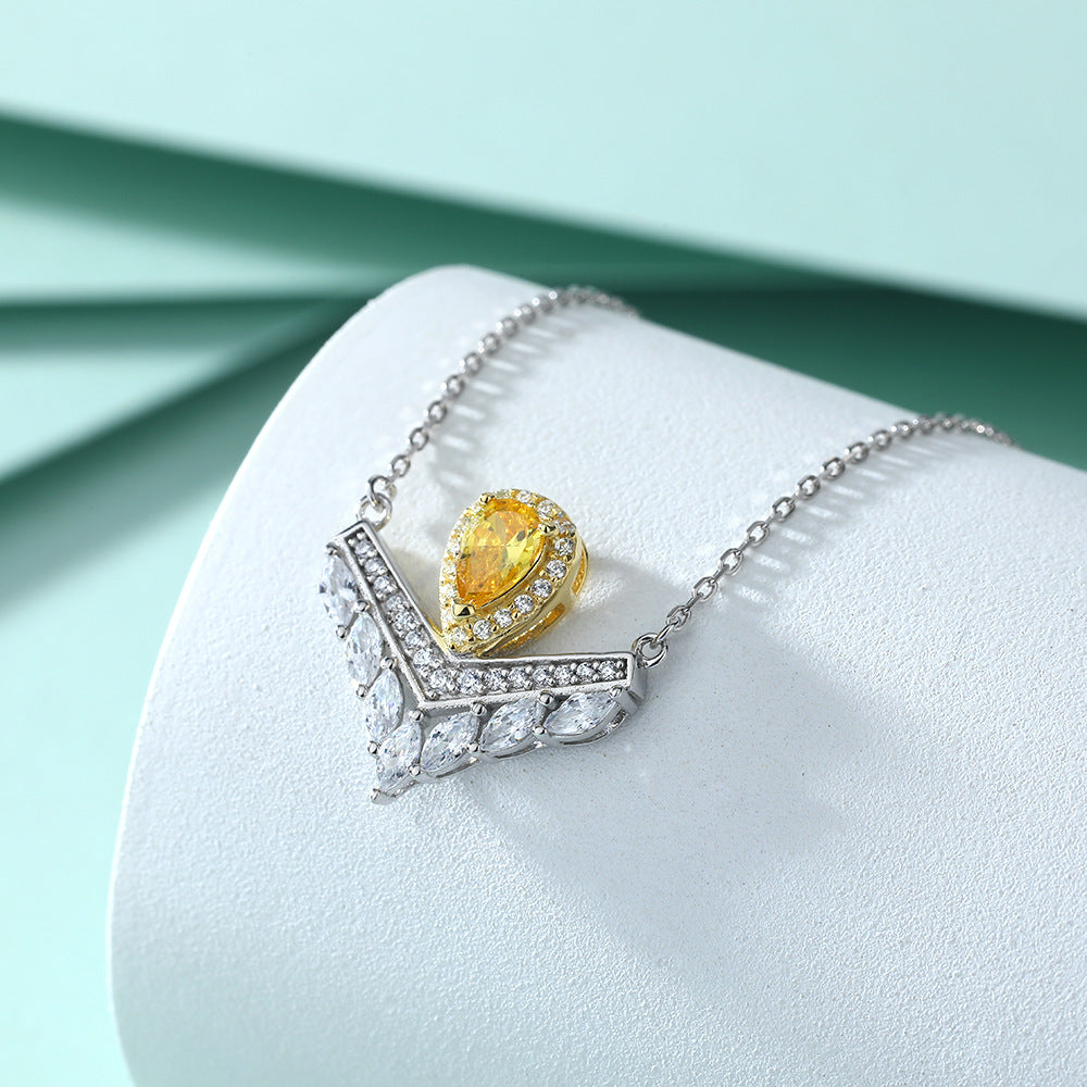 S925 Sterling Silver Topaz Necklace Light Luxury Diamond Ring V-Shaped Earrings Jewelry Set 3-Piece Set