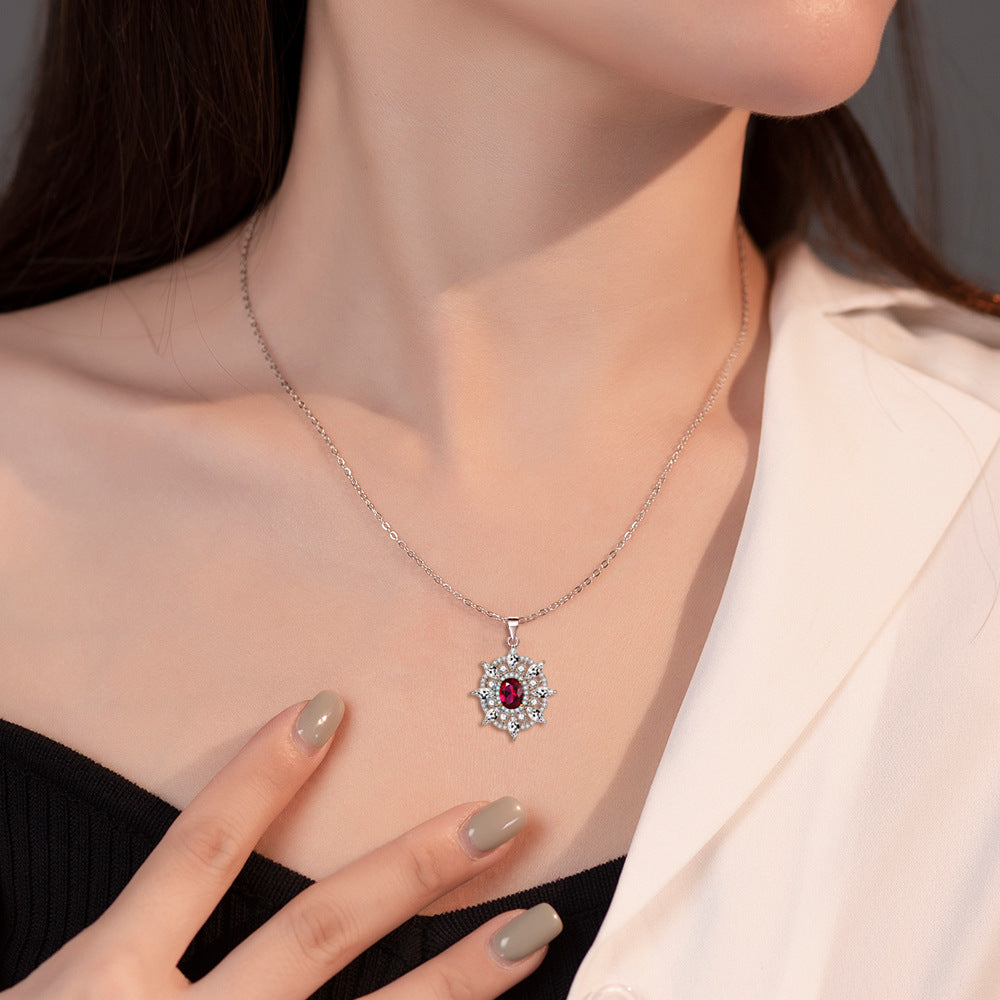 S925 Sterling Silver Ruby Sunflower Flower Necklace Ring Earrings Jewelry Set Three-Piece Set