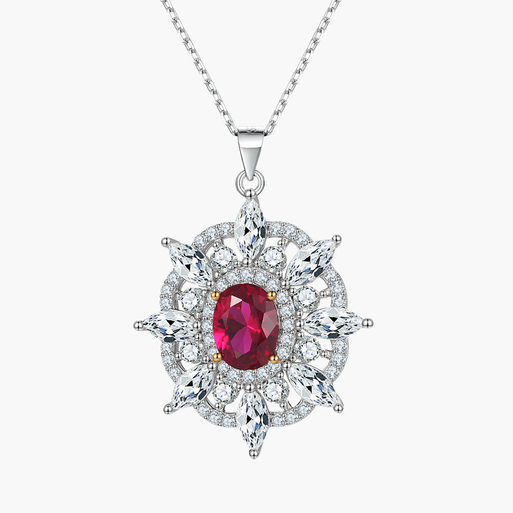 S925 Silver Ruby Sunflower Eight-Pointed Star Pendant Clavicle Chain Necklace