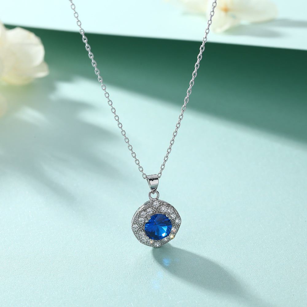 S925 Sterling Silver Fashion Sapphire Clavicle Chain Pendant Necklace