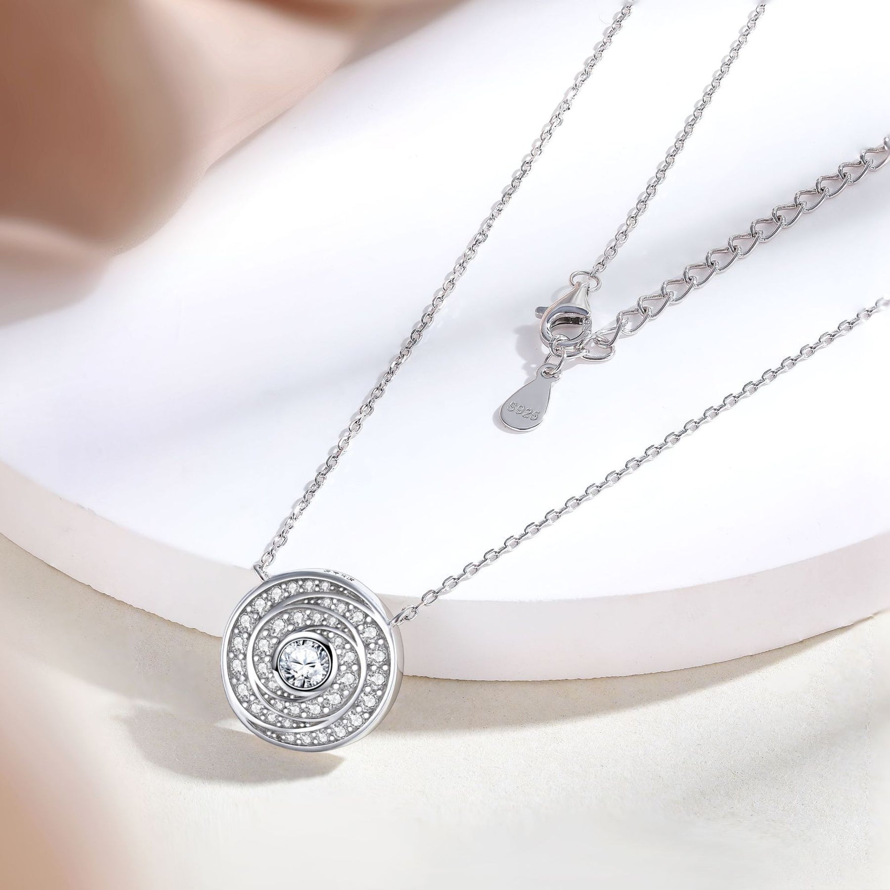 S925 Sterling Silver Time Diamond Disk Round Pendant Clavicle Chain Necklace