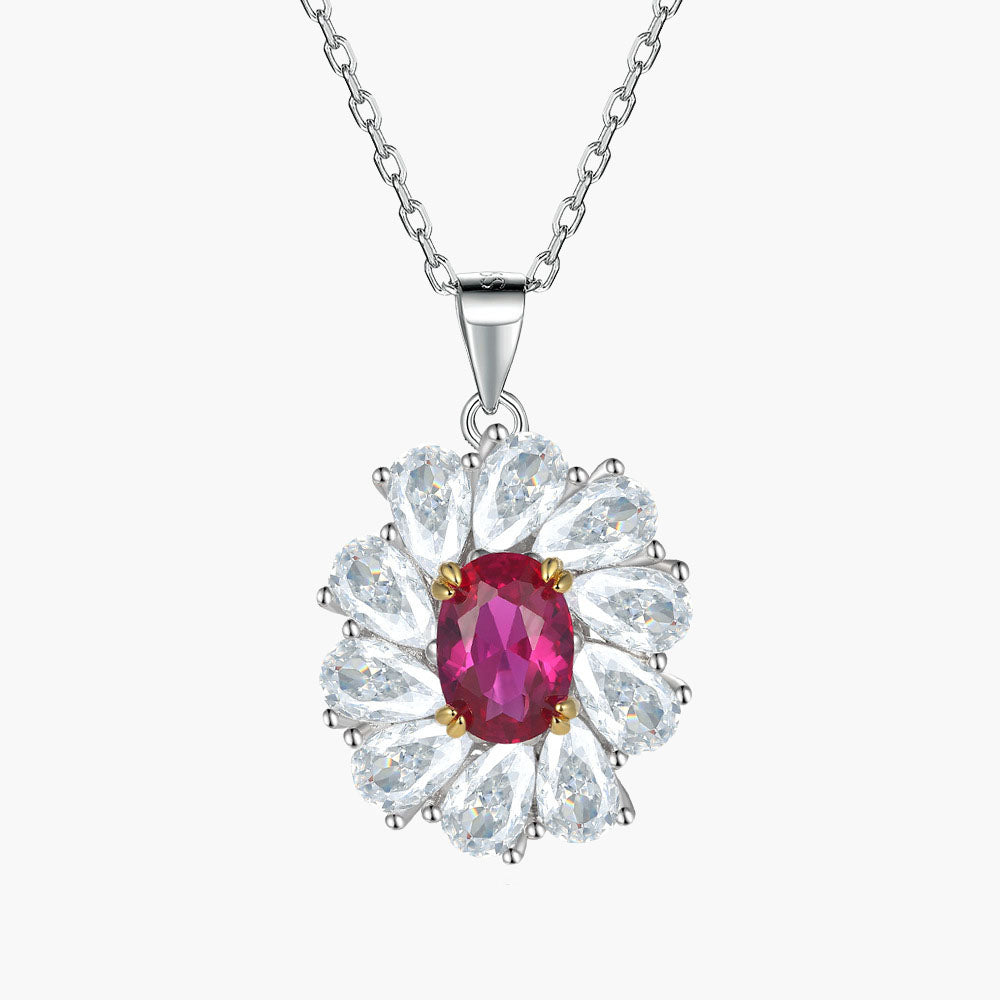 S925 Sterling Silver Ruby Flower Pendant Necklace