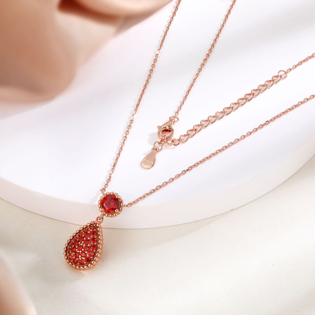 S925 Sterling Silver Pomegranate Red Rose Gold Water Drop Pendant Necklace