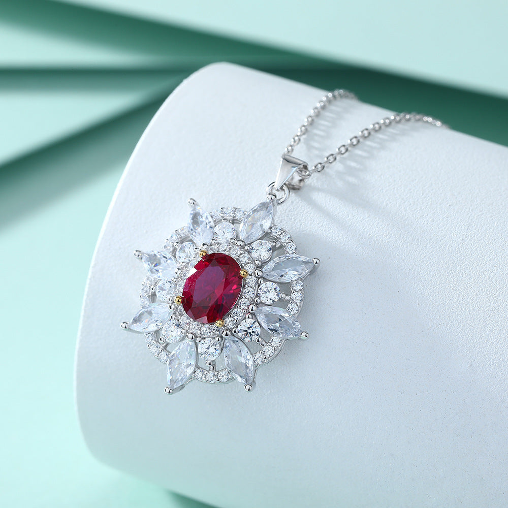S925 Silver Ruby Sunflower Eight-Pointed Star Pendant Clavicle Chain Necklace